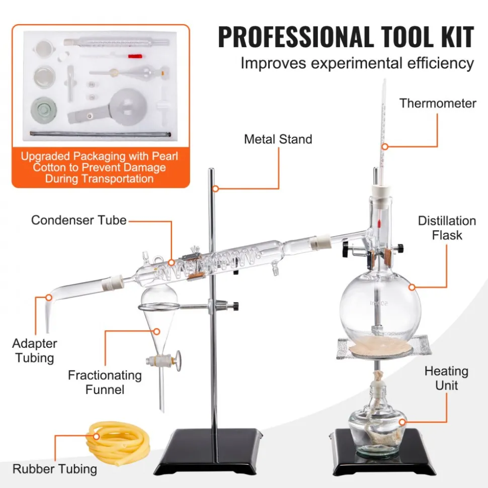 VEVOR Essential Oil Distillation Kit, 500ml Distillation Apparatus, 3.3 Boro Lab Glassware Distillation Kit with Alcohol Lamp, Ceramic Mesh and 24, 40 Joint, 28 pcs Set