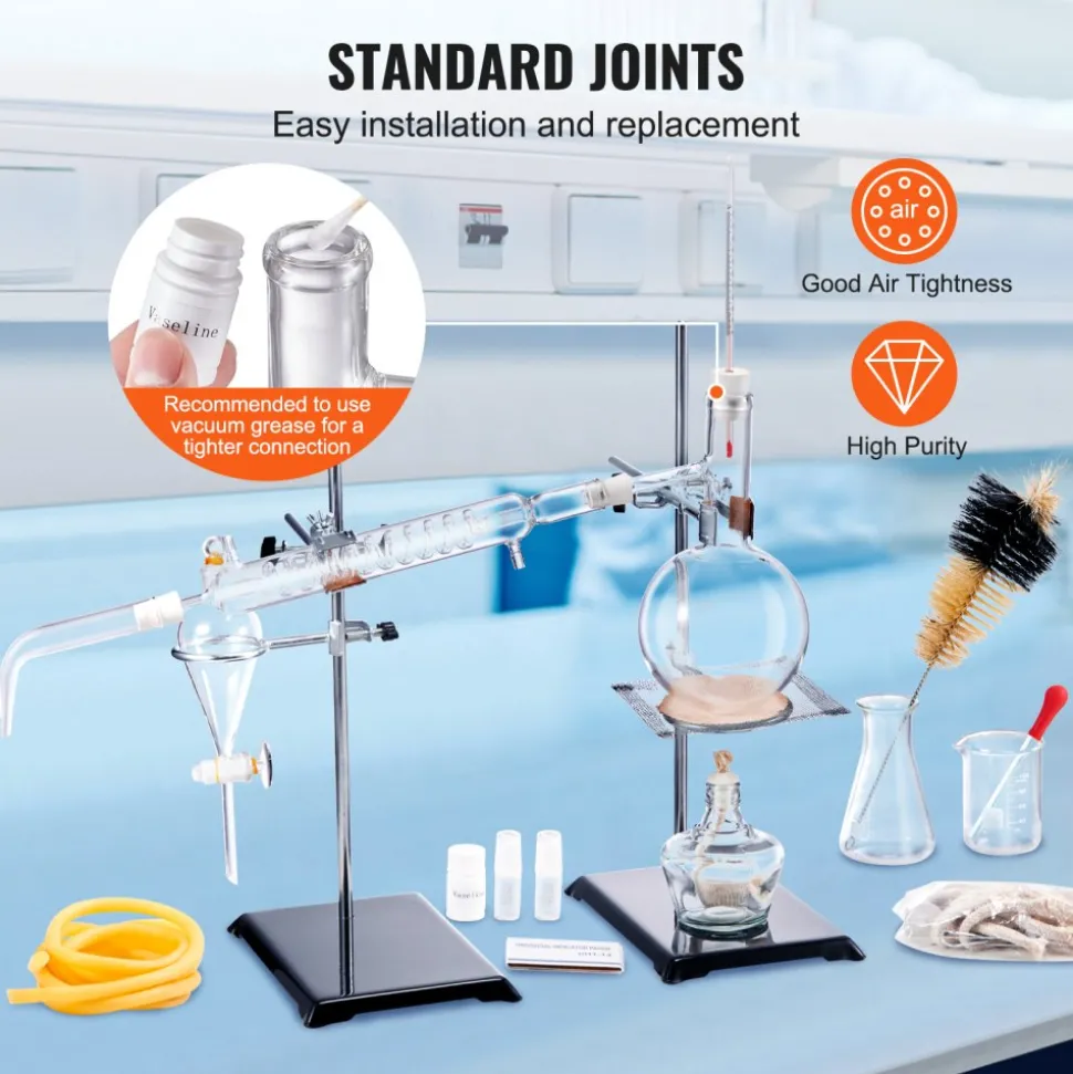 VEVOR Essential Oil Distillation Kit, 500ml Distillation Apparatus, 3.3 Boro Lab Glassware Distillation Kit with Alcohol Lamp, Ceramic Mesh and 24, 40 Joint, 28 pcs Set