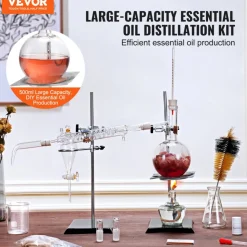 VEVOR Essential Oil Distillation Kit, 500ml Distillation Apparatus, 3.3 Boro Lab Glassware Distillation Kit with Alcohol Lamp, Ceramic Mesh and 24, 40 Joint, 28 pcs Set