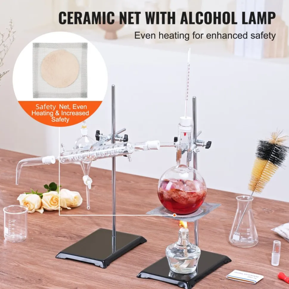 VEVOR Essential Oil Distillation Kit, 500ml Distillation Apparatus, 3.3 Boro Lab Glassware Distillation Kit with Alcohol Lamp, Ceramic Mesh and 24, 40 Joint, 28 pcs Set