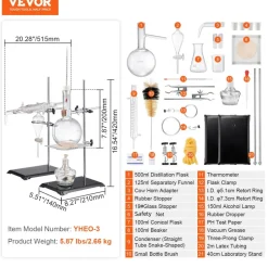 VEVOR Essential Oil Distillation Kit, 500ml Distillation Apparatus, 3.3 Boro Lab Glassware Distillation Kit with Alcohol Lamp, Ceramic Mesh and 24, 40 Joint, 28 pcs Set