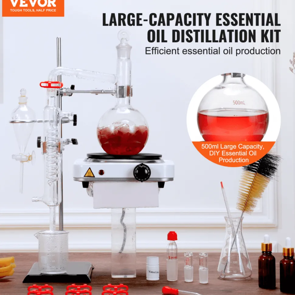 VEVOR Essential Oil Distillation Kit, 500ml Distillation Apparatus, 3.3 Boro Lab Glassware Distillation Kit with 1000W Heating Plate and 24, 40 Joint, 33 pcs Set