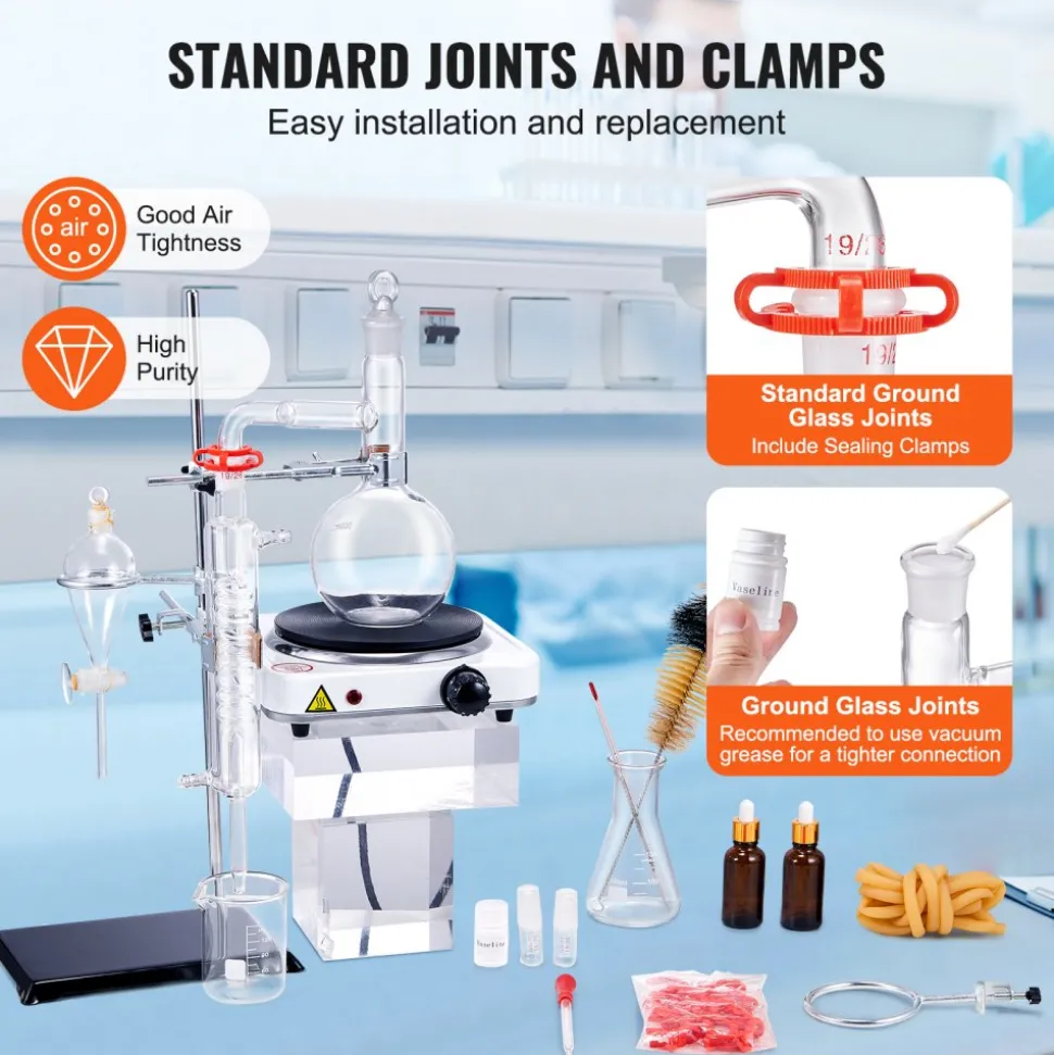 VEVOR Essential Oil Distillation Kit, 500ml Distillation Apparatus, 3.3 Boro Lab Glassware Distillation Kit with 1000W Heating Plate and 24, 40 Joint, 33 pcs Set
