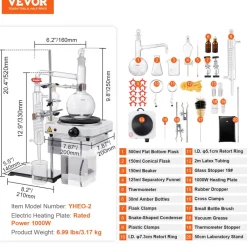 VEVOR Essential Oil Distillation Kit, 500ml Distillation Apparatus, 3.3 Boro Lab Glassware Distillation Kit with 1000W Heating Plate and 24, 40 Joint, 33 pcs Set