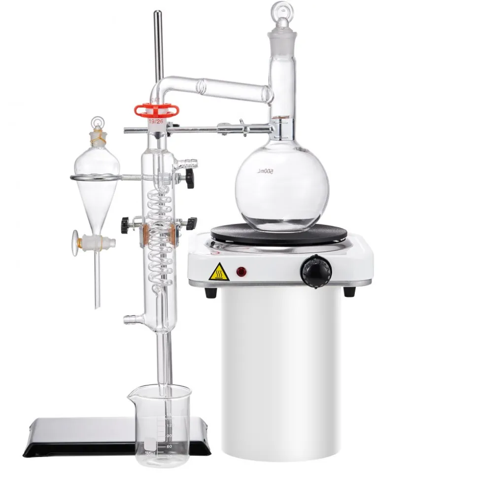VEVOR Essential Oil Distillation Kit, 500ml Distillation Apparatus, 3.3 Boro Lab Glassware Distillation Kit with 1000W Heating Plate and 24, 40 Joint, 33 pcs Set