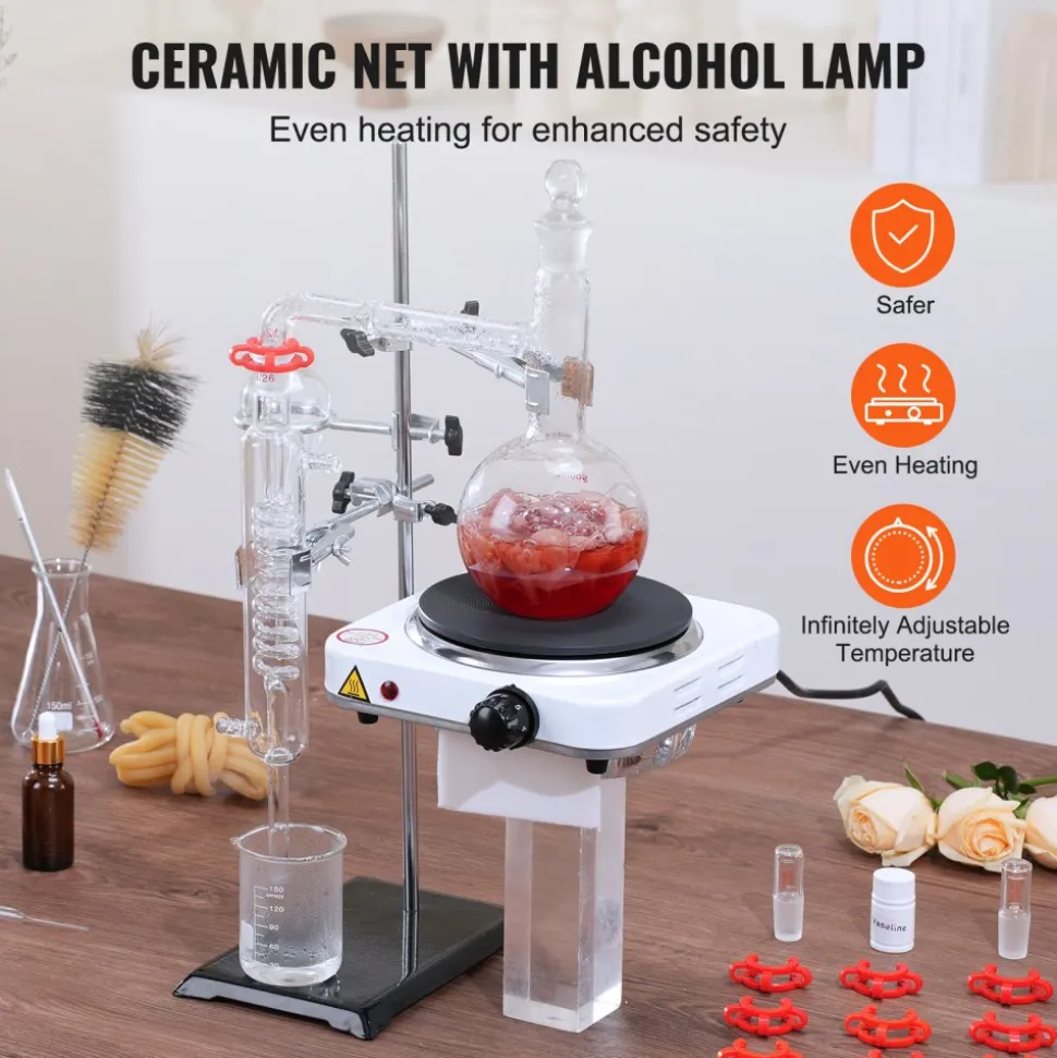 VEVOR Essential Oil Distillation Kit, 500ml Distillation Apparatus, 3.3 Boro Lab Glassware Distillation Kit with 1000W Heating Plate and 24, 40 Joint, 33 pcs Set