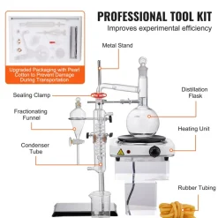 VEVOR Essential Oil Distillation Kit, 500ml Distillation Apparatus, 3.3 Boro Lab Glassware Distillation Kit with 1000W Heating Plate and 24, 40 Joint, 33 pcs Set