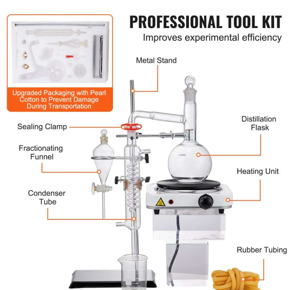 VEVOR Essential Oil Distillation Kit, 500ml Distillation Apparatus, 3.3 Boro Lab Glassware Distillation Kit with 1000W Heating Plate and 24, 40 Joint, 33 pcs Set
