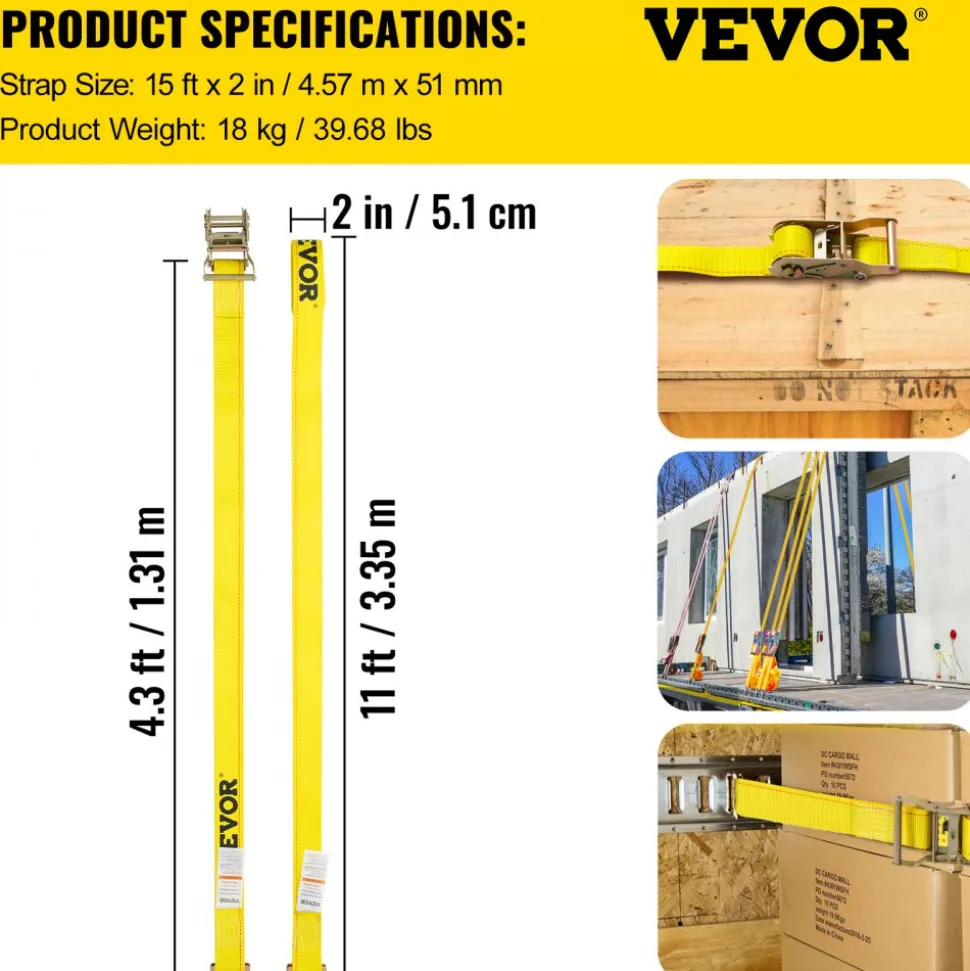 VEVOR E Track Ratchet Strap, 18PCS 2" x 15' E-Track Straps 4400 LBS Breaking Strength, with Polyester Webbing & Spring Fitting & Ratchets, Durable Tie-Downs for Motorcycles, Tire, Trailer Loads
