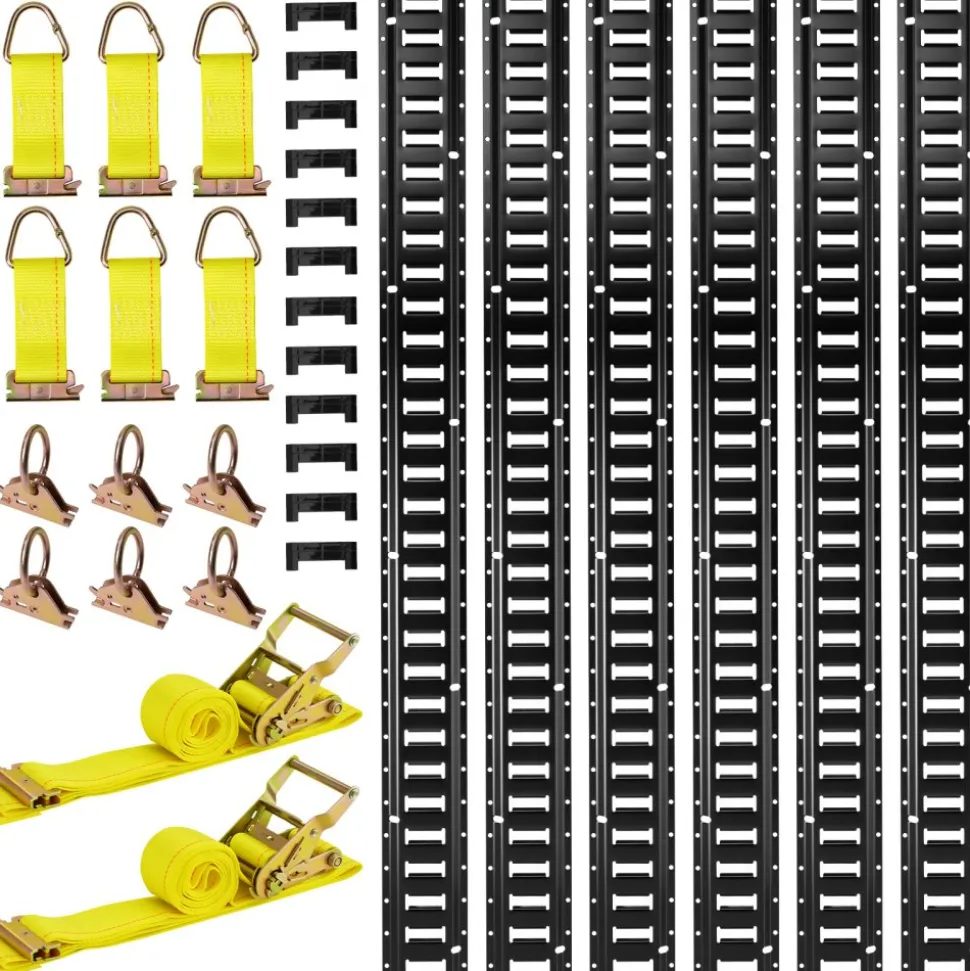 VEVOR E-Track Tie-Down Rail Kit, 8 Pack (5ft+4ft+2ft+1ft) E Track Rails, 36 Pcs Includes 2 Ratchet Straps & 8 O-Rings & 8 Tie-Offs with D-Ring & 2 Single Slots & 16 End Caps, Fit for Vans Trailers