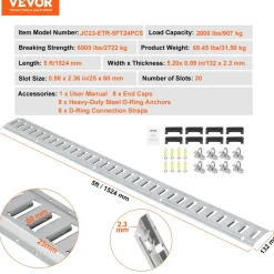 VEVOR E Track Tie-Down Rail Kit, 24PCS 5' E-Tracks Set Includes 8 Steel Rails & 8 O-Ring Anchors & 8 Tie-Offs with D-Ring, Versatile Securing Accessories for Cargo Motorcycles Bikes, 2000 lbs Load