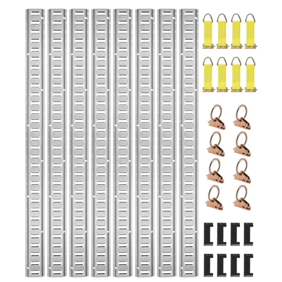 VEVOR E Track Tie-Down Rail Kit, 32PCS 5' E-Tracks Set Includes 8 Steel Rails & 8 O-Rings & 8 Tie-Offs with D-Ring & 8 End Caps, Trailer Securing Accessories for Cargo Motorcycles Bikes, 1500 lbs Load