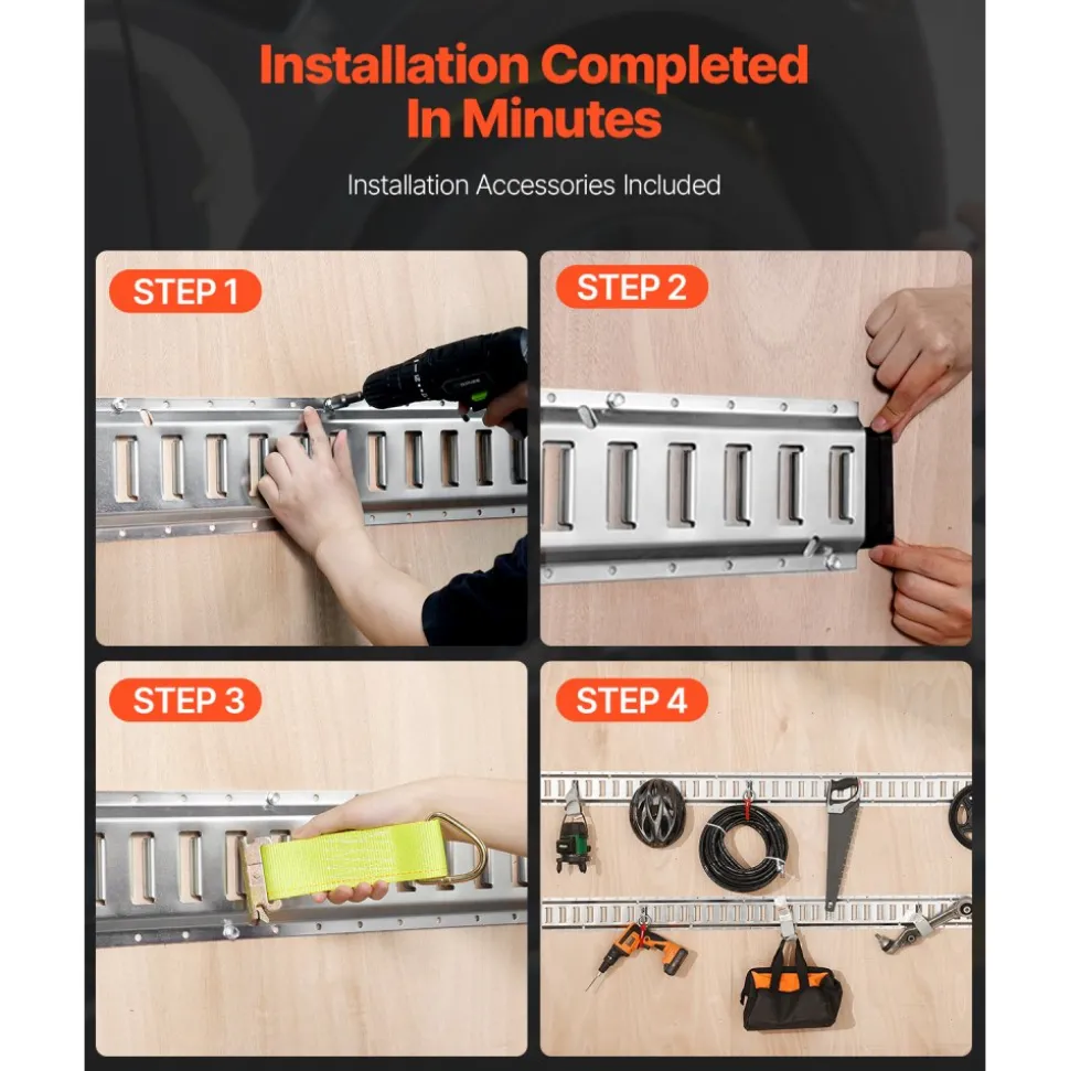 VEVOR E Track Tie-Down Rail Kit, 32PCS 5' E-Tracks Set Includes 8 Steel Rails & 8 O-Rings & 8 Tie-Offs with D-Ring & 8 End Caps, Trailer Securing Accessories for Cargo Motorcycles Bikes, 1500 lbs Load