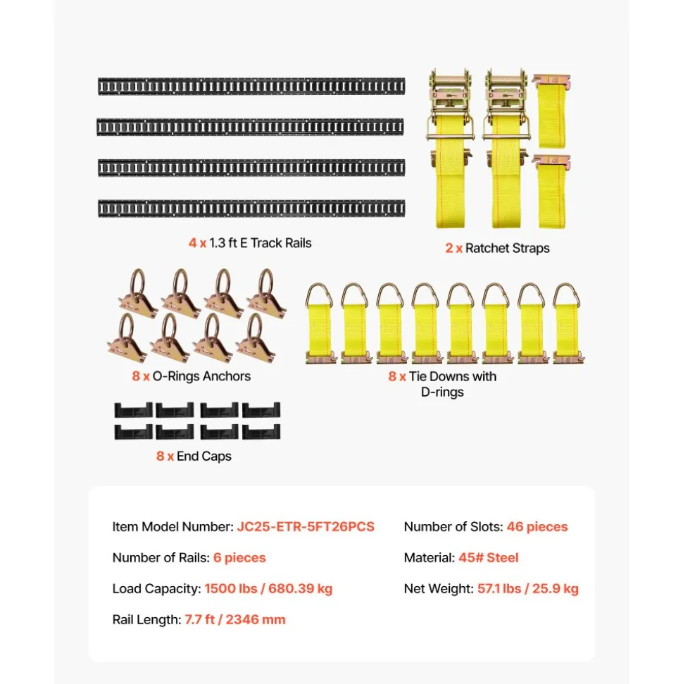 VEVOR E-Track Tie-Down Rail Kit, 4 Pack 1.3 ft E Track Rails, 2 U-Shaped Hooks, 2 Tool Holders, 2 Track Shelf Brackets, 2 Tire Holders, 2 Cable Storage Rings, 8 End Caps & 1 Bag, Fit for Vans Trailers