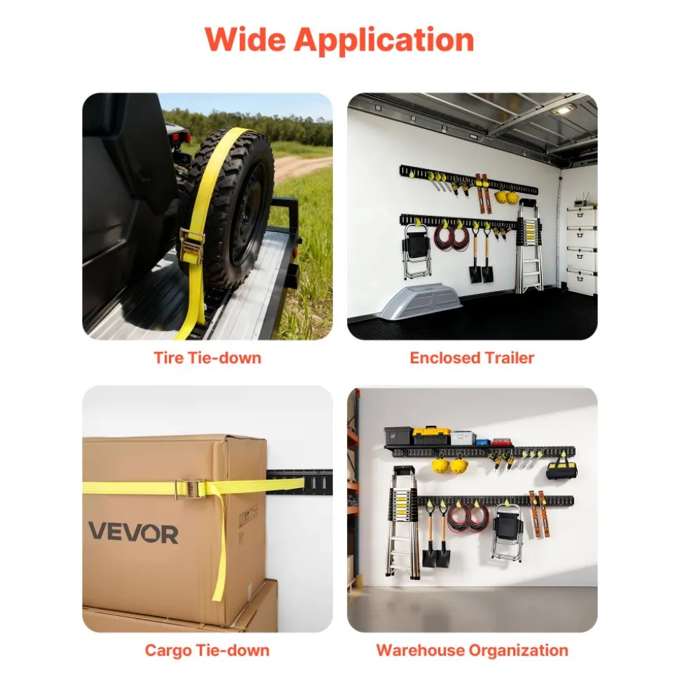 VEVOR E-Track Tie-Down Rail Kit, 4 Pack 1.3 ft E Track Rails, 2 U-Shaped Hooks, 2 Tool Holders, 2 Track Shelf Brackets, 2 Tire Holders, 2 Cable Storage Rings, 8 End Caps & 1 Bag, Fit for Vans Trailers