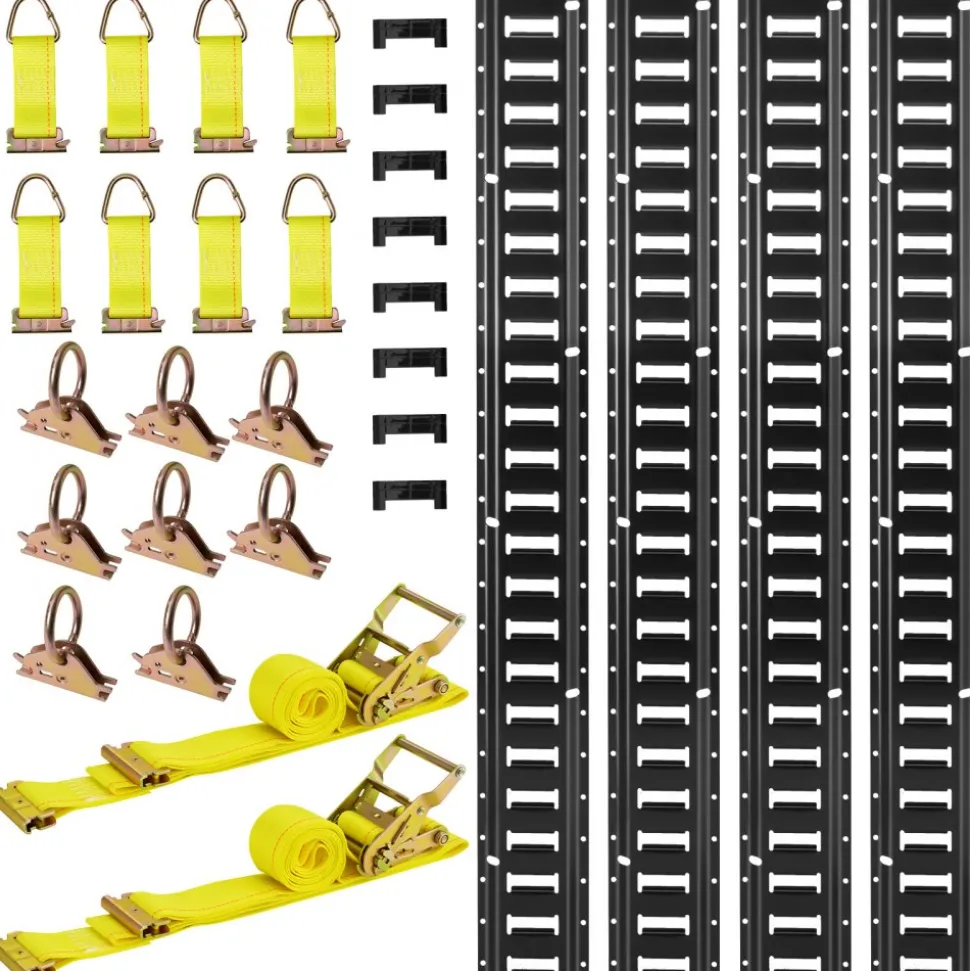 VEVOR E-Track Tie-Down Rail Kit, 4 Pack 1.3 ft E Track Rails, 2 U-Shaped Hooks, 2 Tool Holders, 2 Track Shelf Brackets, 2 Tire Holders, 2 Cable Storage Rings, 8 End Caps & 1 Bag, Fit for Vans Trailers
