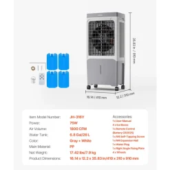 VEVOR Evaporative Air Cooler, 1800 CFM with 6.8 Gallon Water Tank Swamp Cooler, Portable Cooling Fan with Remote Control, 12H Timer, 4 Ice Boxes, Quiet Operation, 3 Wind Speeds for Outdoor Indoor Use