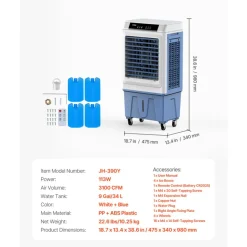 VEVOR Evaporative Air Cooler, 3100 CFM with 9 Gallon Water Tank Swamp Cooler, Portable Cooling Fan with Remote Control, 12H Timer, 4 Ice Boxes, Quiet Operation, 3 Wind Speeds for Outdoor Indoor Use