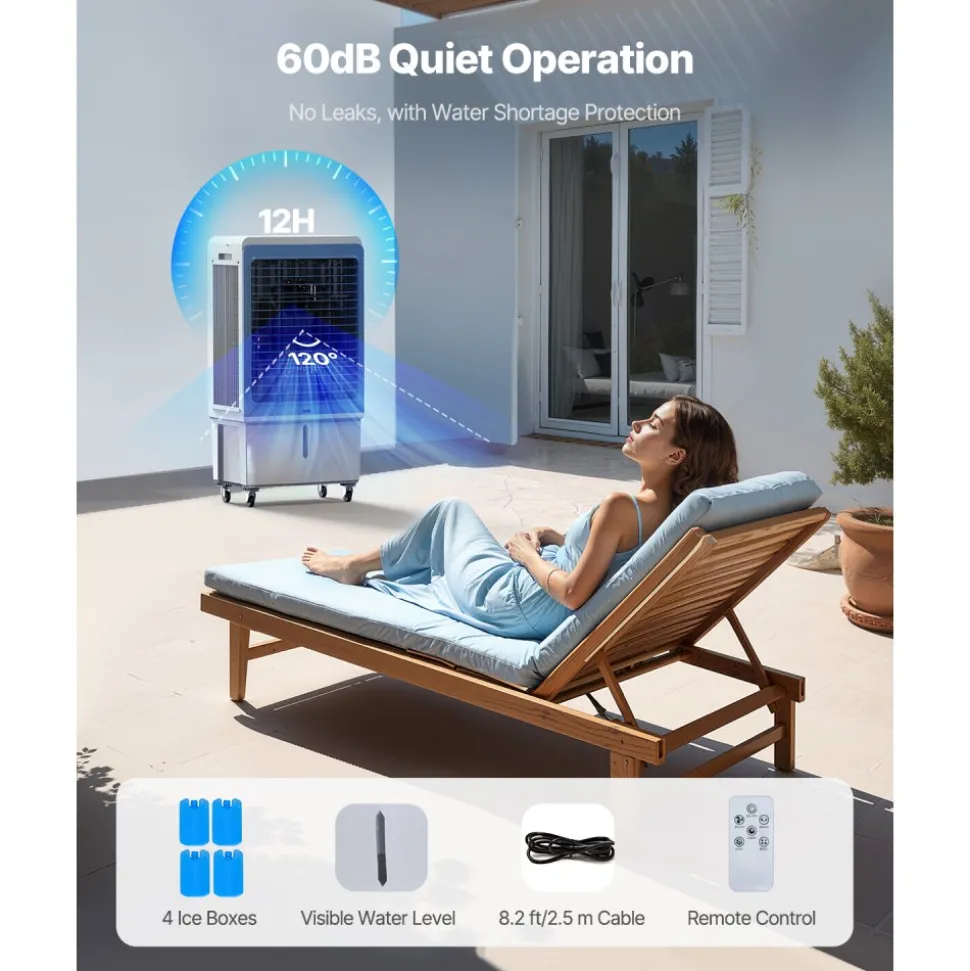 VEVOR Evaporative Air Cooler, 4129 CFM with 12.7 Gallon Water Tank Swamp Cooler, Portable Cooling Fan with Remote Control, 12H Timer, 4 Ice Boxes, Quiet Operation, 3 Wind Speeds for Outdoor Indoor Use