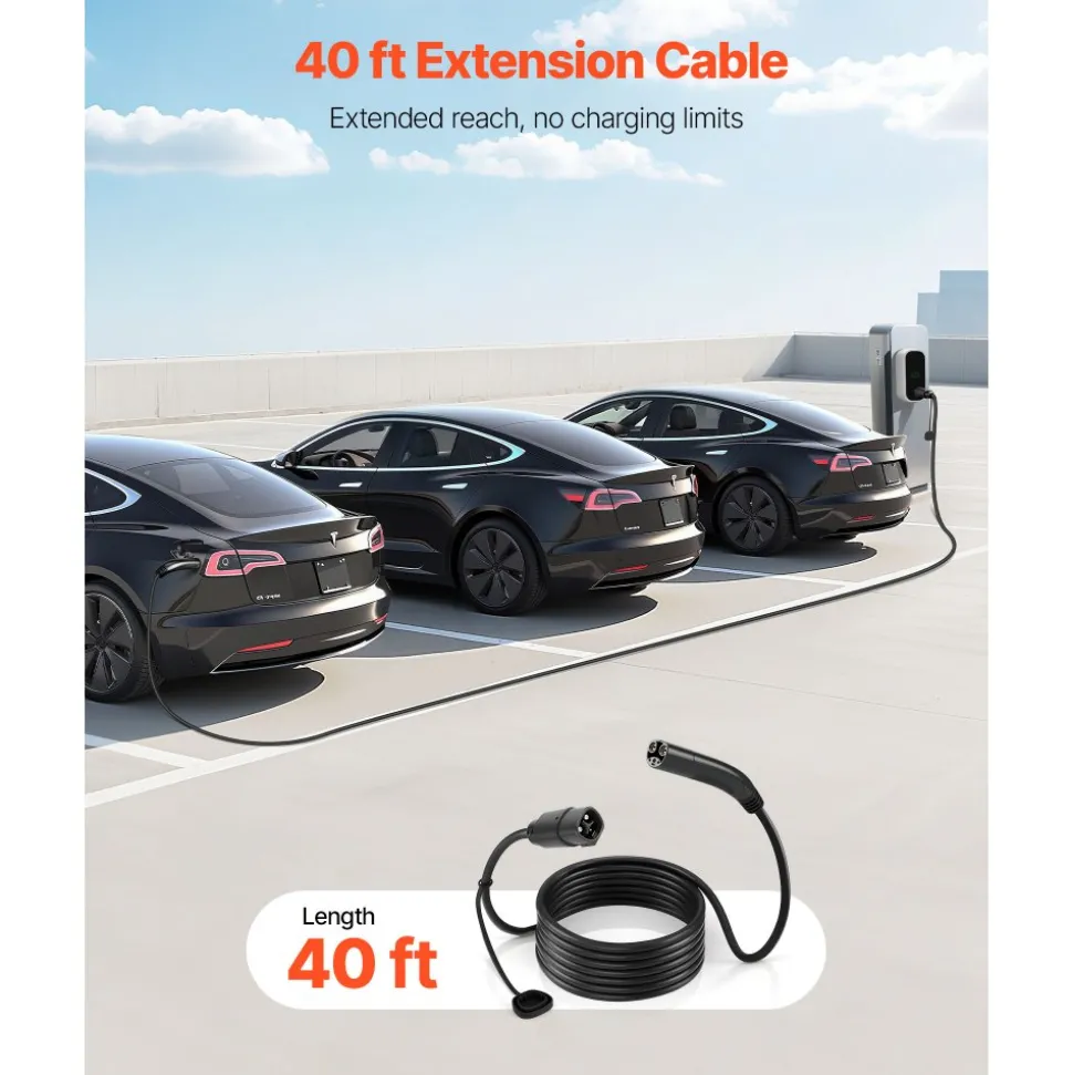 VEVOR EV Charger Extension Cable for Tesla, 48Amp 40 ft Max 240V 11.52 kW with NACS Plug, EV Extension Cord for Level 1/2 Tesla Mobile/Wall Connector/Destination Charger, Model Y/X/3/S, Carrying Bag