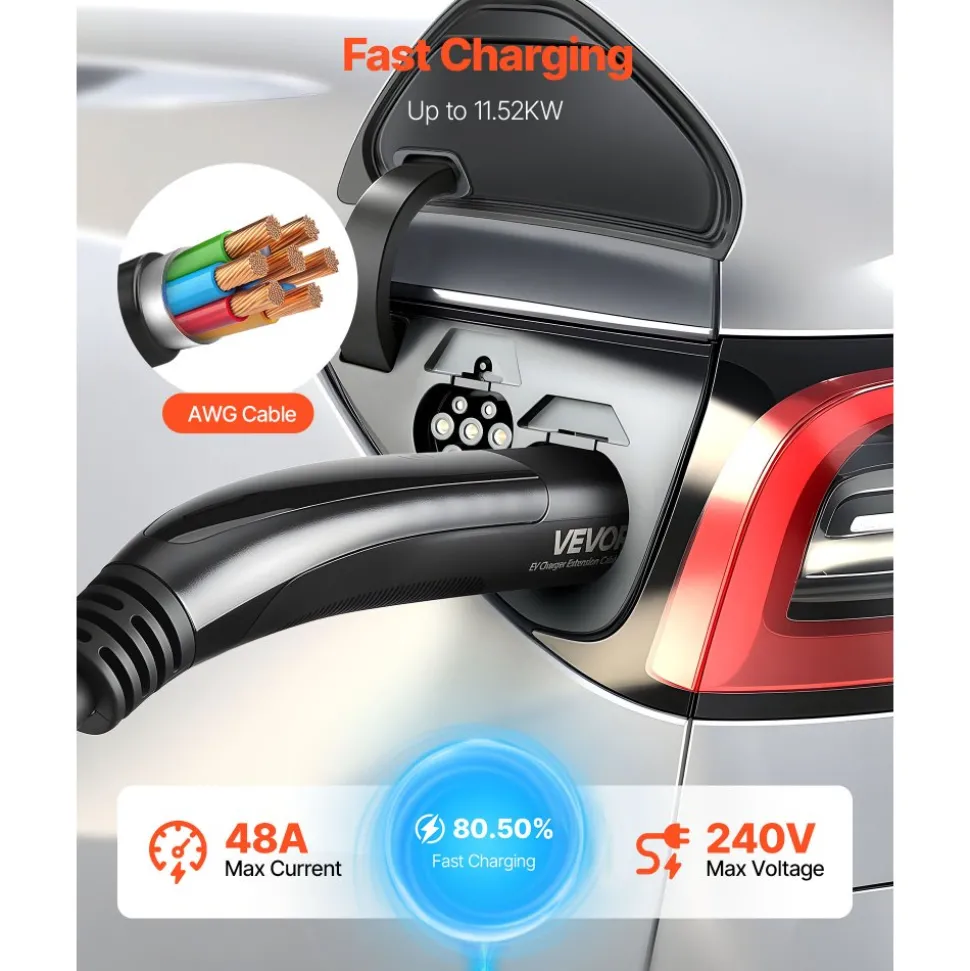 VEVOR EV Charger Extension Cable for Tesla, 48Amp 21 ft Max 240V 11.52 kW with NACS Plug, EV Extension Cord for Level 1/2 Tesla Mobile/Wall Connector/Destination Charger, Model Y/X/3/S, Carrying Bag