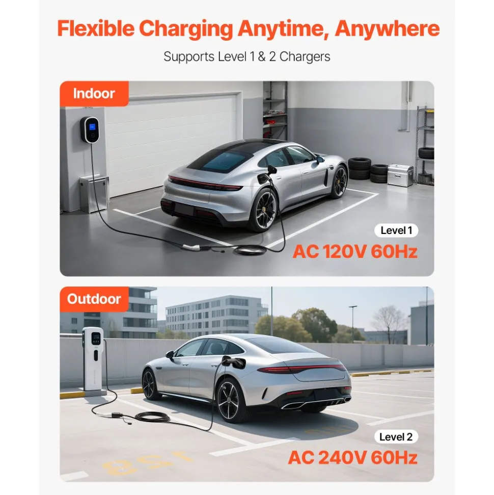 VEVOR EV Charger Extension Cable, 32Amp 40 ft J1772 Extension Cord Compatible with 120V-240V SAE J1772 Electric Vehicle Chargers, Level 1/Level 2 IP66 Heavy Duty Car Charging Cable with Carrying Bag