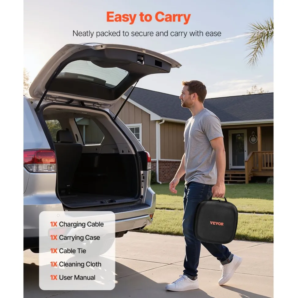 VEVOR EV Charger Extension Cable, 32Amp 40 ft J1772 Extension Cord Compatible with 120V-240V SAE J1772 Electric Vehicle Chargers, Level 1/Level 2 IP66 Heavy Duty Car Charging Cable with Carrying Bag
