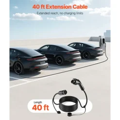 VEVOR EV Charger Extension Cable, 32Amp 40 ft J1772 Extension Cord Compatible with 120V-240V SAE J1772 Electric Vehicle Chargers, Level 1/Level 2 IP66 Heavy Duty Car Charging Cable with Carrying Bag