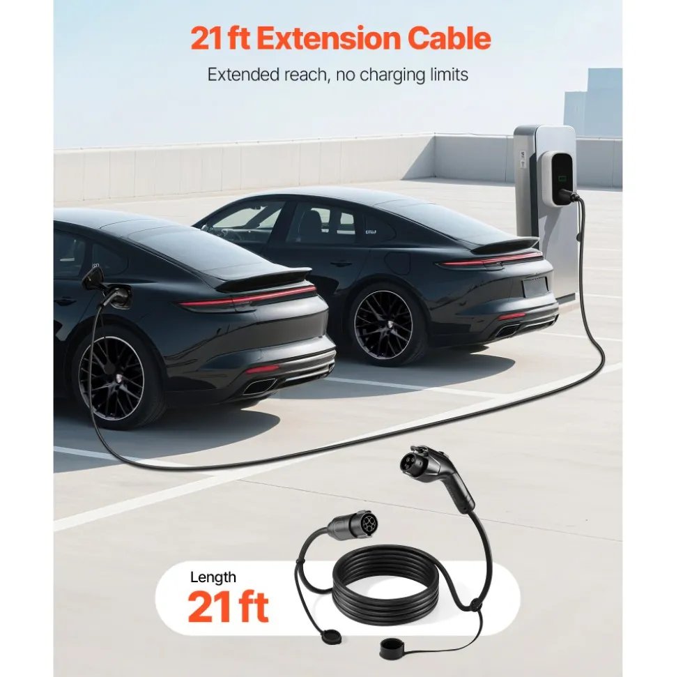 VEVOR EV Charger Extension Cable, 32Amp 21 ft J1772 Extension Cord Compatible with 120V-240V SAE J1772 Electric Vehicle Chargers, Level 1/Level 2 IP66 Heavy Duty Car Charging Cable with Carrying Bag