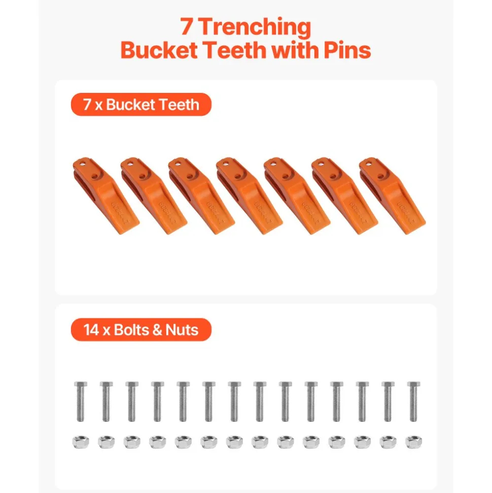 VEVOR Excavator Bucket Teeth with Pins, 7 Pack 684447 Bucket Tooth Set Fits 5/8-in Buckets Edge, Heavy Duty 7.34 in Bolt on Digging Buckets Teeth Replacement for Skid Steer & Mini Excavator