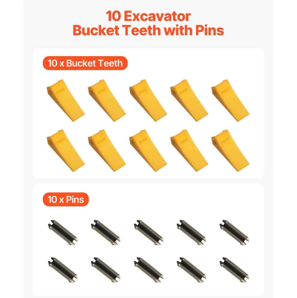 VEVOR Excavator Bucket Teeth with Pins, 10 Pack 5.79 in Bucket Tooth Set Compatible with 23 & 230 Series Excavators, Heavy Duty Bolt on Digging Buckets Teeth for Skid Steer & Mini Excavators