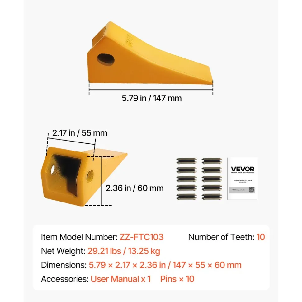 VEVOR Excavator Bucket Teeth with Pins, 10 Pack 5.79 in Bucket Tooth Set Compatible with 23 & 230 Series Excavators, Heavy Duty Bolt on Digging Buckets Teeth for Skid Steer & Mini Excavators