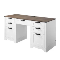 VEVOR Executive Desk, Farmhouse Office Table with Charging Station, Heavy Duty Particle Board Executive Table with Storage Drawers, 200 LBS Load Capacity, Easy Assembly, for Work Study Writing, Walnut
