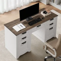 VEVOR Executive Desk, Farmhouse Office Table with Charging Station, Heavy Duty Particle Board Executive Table with Storage Drawers, 200 LBS Load Capacity, Easy Assembly, for Work Study Writing, Walnut