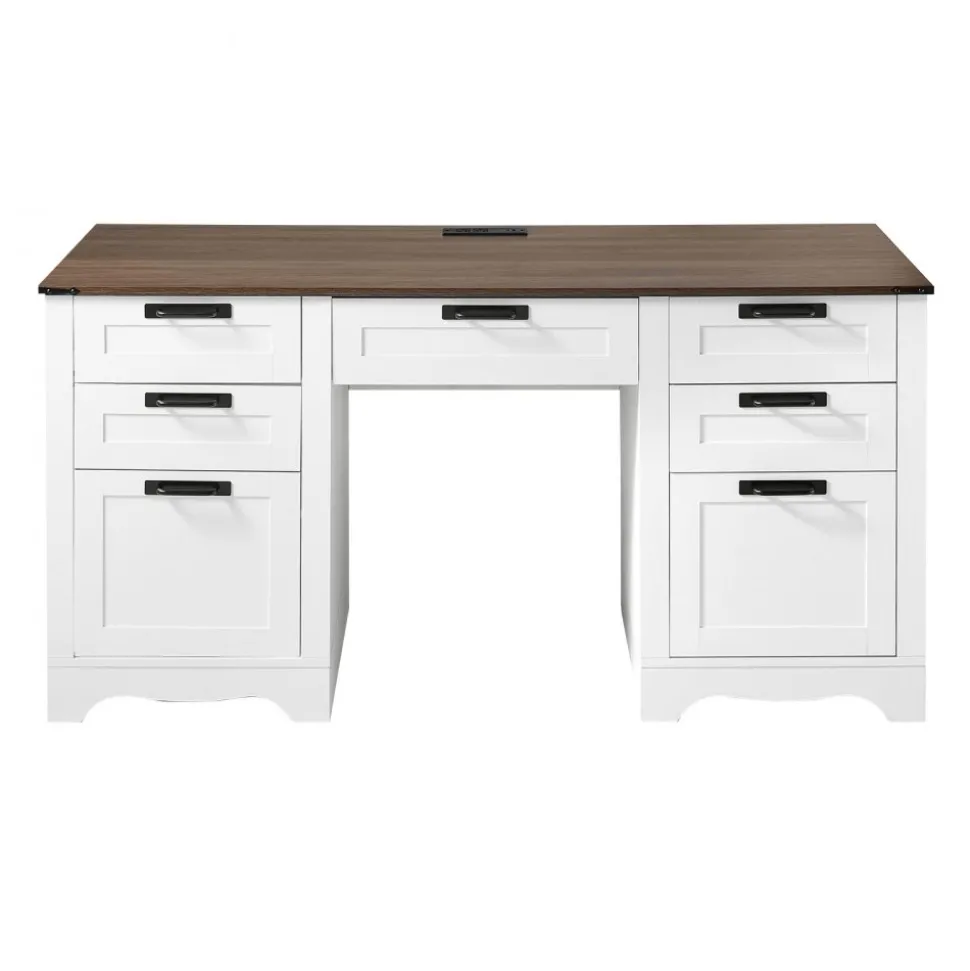 VEVOR Executive Desk, Farmhouse Office Table with Charging Station, Heavy Duty Particle Board Executive Table with Storage Drawers, 200 LBS Load Capacity, Easy Assembly, for Work Study Writing, Walnut