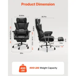 VEVOR Executive Office Chair with Footrest, 400lb Capacity Office Chair with Lumbar Pillow & Removable Armrests, Heavy Duty Ergonomic Chair, PU Leather Reclining Home Office Desk Chairs, Black