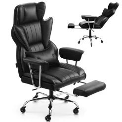 VEVOR Executive Office Chair with Footrest, 400lb Capacity Office Chair with Lumbar Pillow & Removable Armrests, Heavy Duty Ergonomic Chair, PU Leather Reclining Home Office Desk Chairs, Black