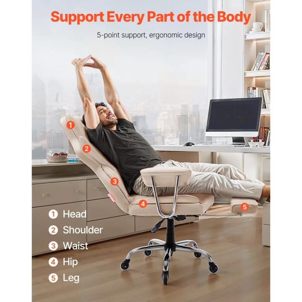 VEVOR Executive Office Chair with Footrest, 400lb Capacity Office Chair with Lumbar Pillow & Removable Armrests, Heavy Duty Ergonomic Chair, PU Leather Reclining Home Office Desk Chairs, Brown