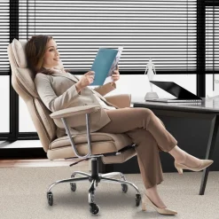 VEVOR Executive Office Chair with Footrest, 400lb Capacity Office Chair with Lumbar Pillow & Removable Armrests, Heavy Duty Ergonomic Chair, PU Leather Reclining Home Office Desk Chairs, Brown