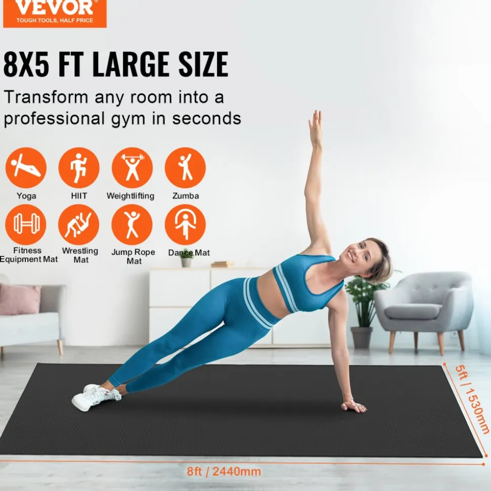 VEVOR Exercise Mat, Non Slip High Density Premium Yoga Mat, Exercise Yoga Mat for Men & Women, Fitness & Exercise Mat with Bag & Carry Strap, for All Types of Home Yoga, Pilate & Floor Workout (8x5ft)
