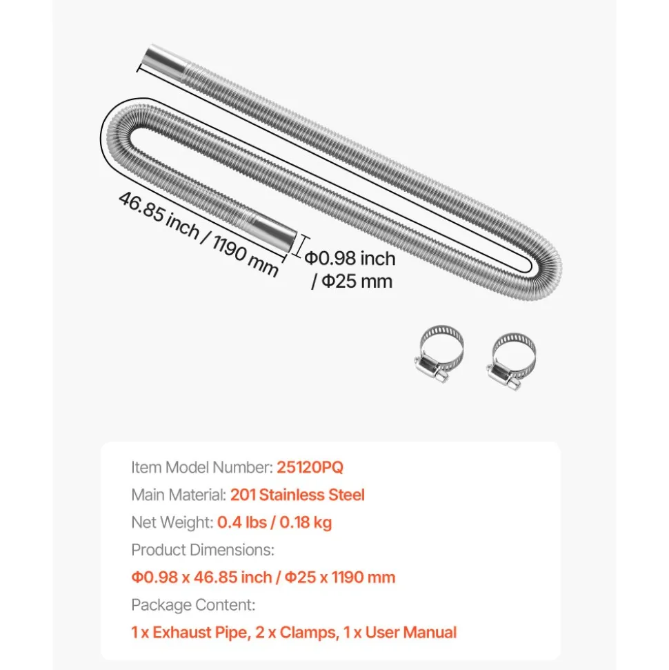 VEVOR Exhaust Hose, 47.2 inch Diesel Heater Flexible Exhaust Pipe, Stainless Steel Exhausts Hose with 2 Hose Clamps, Exhausts Hoses Kit Diesel Heater Accessories for 2KW 5KW 8KW Diesels Heaters