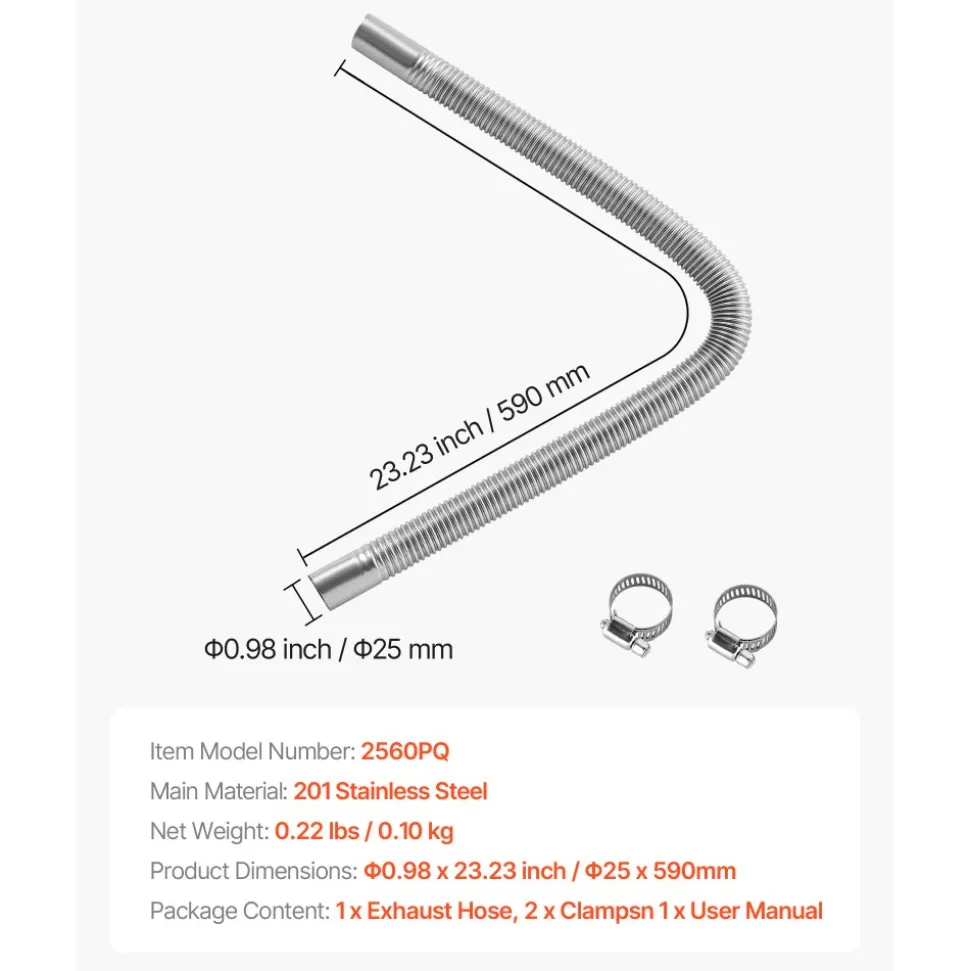VEVOR Exhaust Hose, 23.6 inch Diesel Heater Flexible Exhaust Pipe, Stainless Steel Exhausts Hoses with 2 Hose Clamps, Air Diesel Parking Heater Exhausts Hoses Line for 2KW 5KW 8KW Diesels Heaters