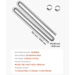VEVOR Exhaust Hose, 118.1 inch Stainless Steel Exhausts Hose, Diesel Heater Flexible Exhaust Pipe with 2 Hose Clamps, Exhausts Hoses Kit Diesel Heater Accessories for 2KW 5KW 8KW Diesels Heaters