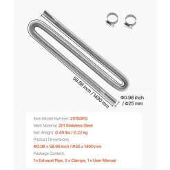 VEVOR Exhaust Hose, 58.7 inch Stainless Steel Exhausts Hose, Diesel Heater Flexible Exhaust Pipe with 2 Hose Clamps, Exhausts Hoses Kit Diesel Heater Accessories for 2KW 5KW 8KW Diesels Heaters