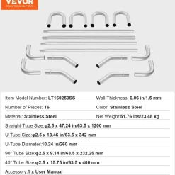 VEVOR Exhaust Kit, 16pcs, DIY Universal Stainless Steel Exhaust Kit with Slip-Fit Joint & Large Exhaust Tube, Rust-Proof Exhaust Pipe for Exhaust System, Fit for Garage/Auto Repair Store/4S Store