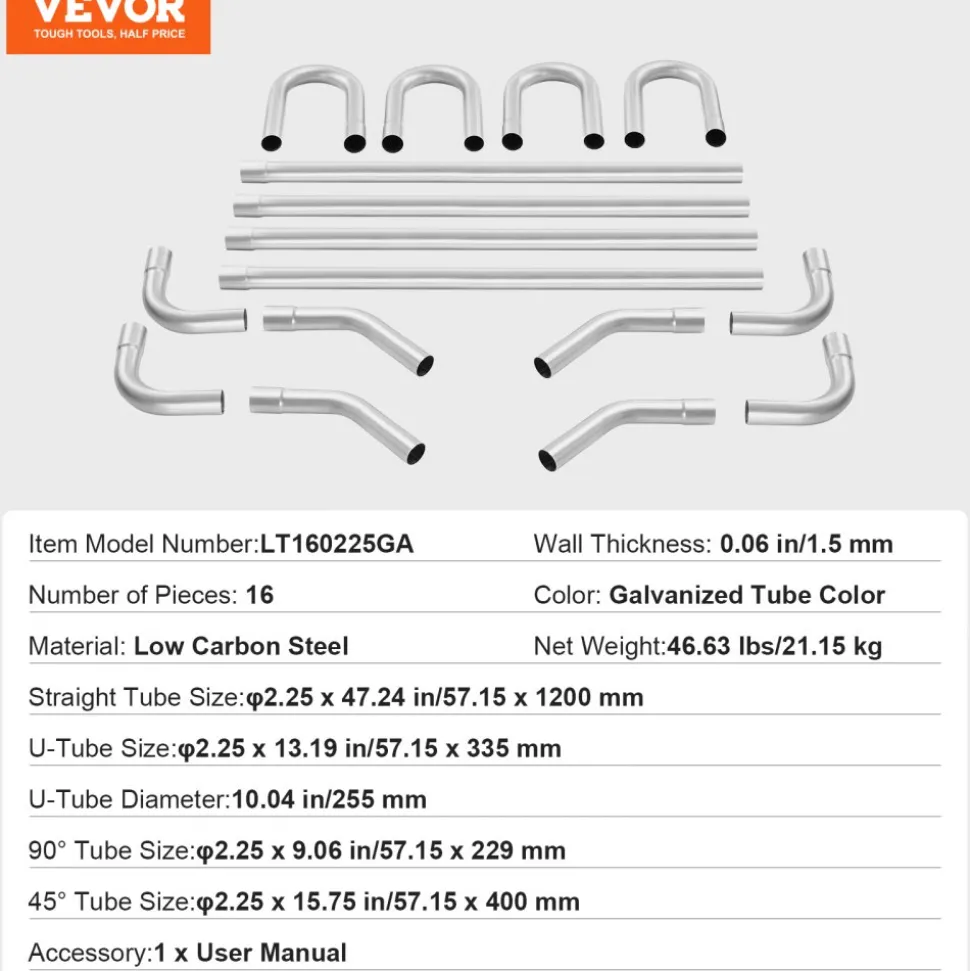 VEVOR Exhaust Kit, 16pcs, DIY Universal Galvanized Steel Exhaust Kit with Slip-Fit Joint & Large Exhaust Tube, Rust-Proof Exhaust Pipe for Exhaust System, Fit for Garage/Auto Repair Store/4S Store