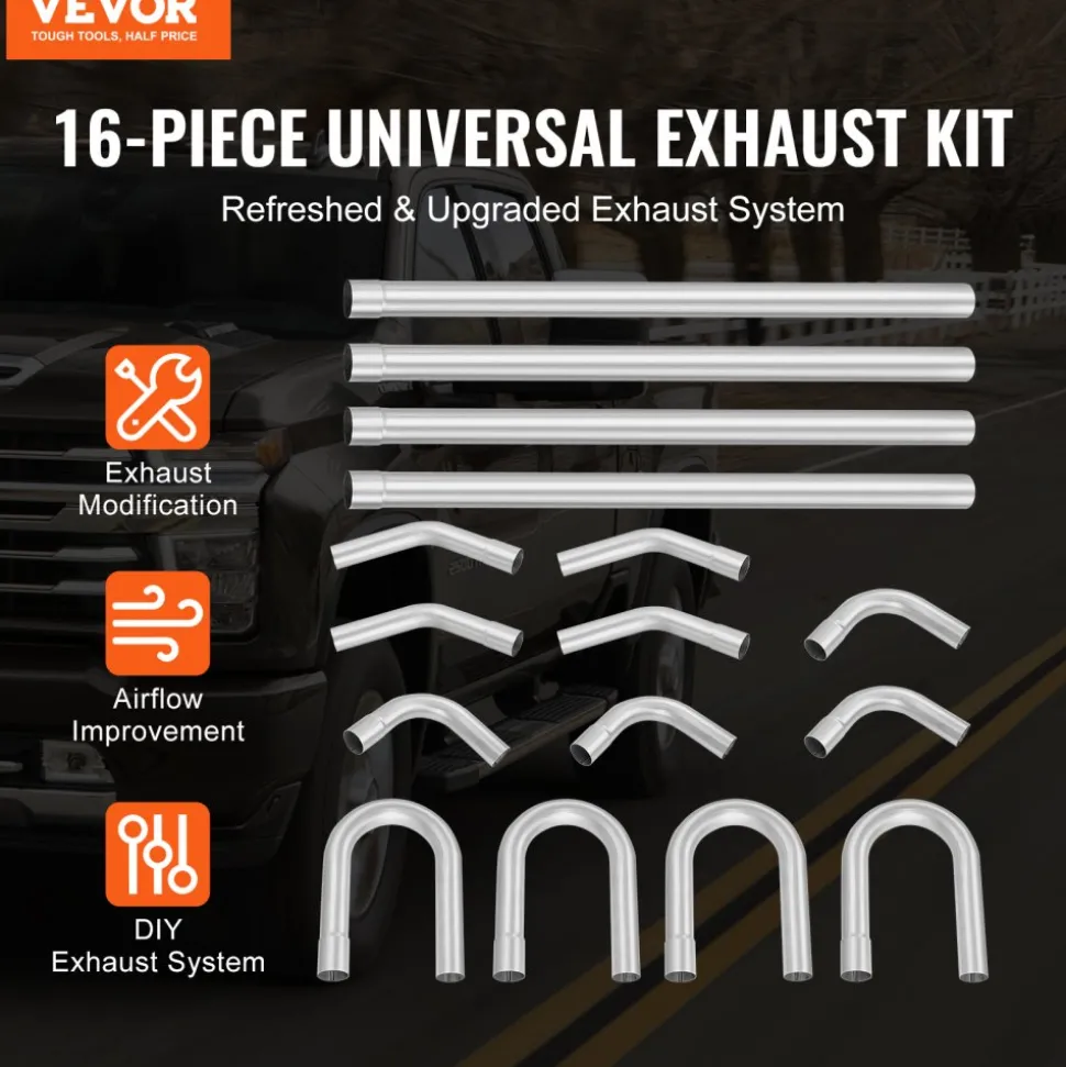 VEVOR Exhaust Kit, 16pcs, DIY Universal Galvanized Steel Exhaust Kit with Slip-Fit Joint & Large Exhaust Tube, Rust-Proof Exhaust Pipe for Exhaust System, Fit for Garage/Auto Repair Store/4S Store