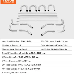 VEVOR Exhaust Kit, 16pcs, DIY Universal Galvanized Steel Exhaust Kit with Slip-Fit Joint & Large Exhaust Tube, Rust-Proof Exhaust Pipe for Exhaust System, Fit for Garage/Auto Repair Store/4S Store