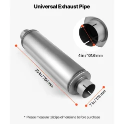 VEVOR Exhaust Muffler, 4 Inch Inlet & Outlet, 30 Inch Overall Length Stainless Steel Exhaust Tip, Universal Resonator Round Body, High Performance for Trucks, Sedans, Sports Cars, SUVs & Daily Drivers