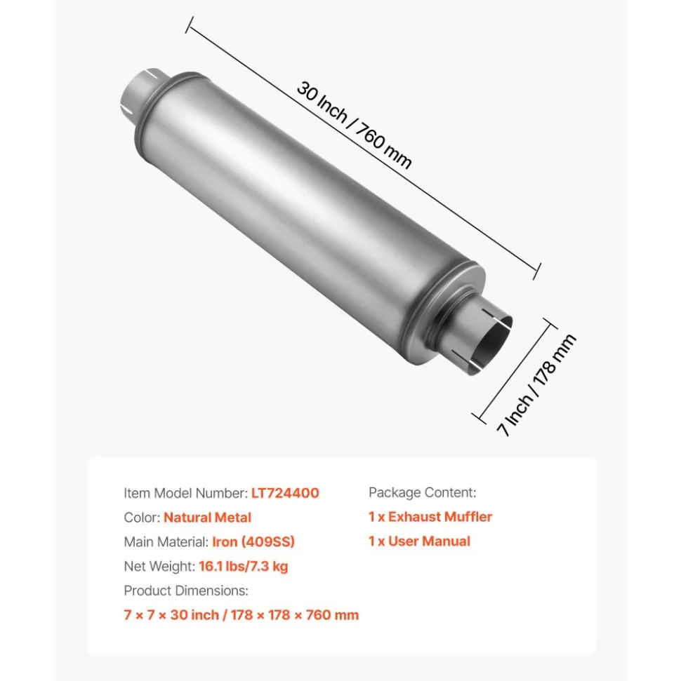 VEVOR Exhaust Muffler, 4 Inch Inlet & Outlet, 30 Inch Overall Length Stainless Steel Exhaust Tip, Universal Resonator Round Body, High Performance for Trucks, Sedans, Sports Cars, SUVs & Daily Drivers